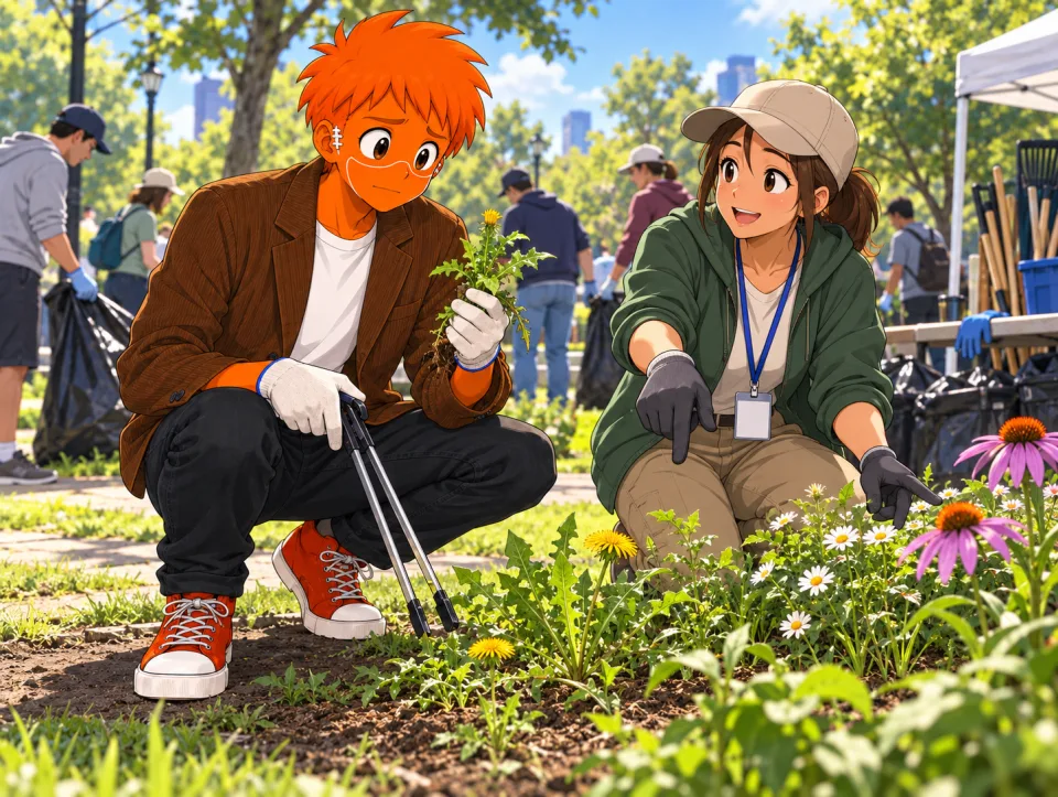 Frank and Tina listen to a coordinator while holding cleanup tools in a park.