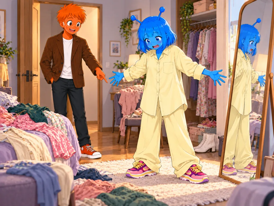In a room strewn with clothes, Tina stands by a mirror in an oversized outfit as Frank points from the doorway.