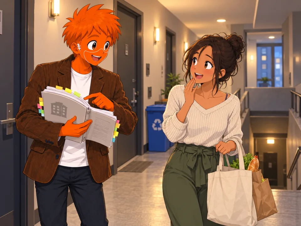 Frank holds a rulebook and talks to a neighbor in an apartment hallway, with Tina beside him.