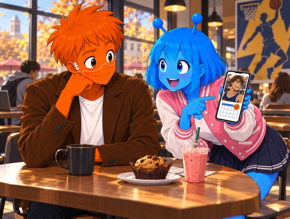 Tina happily shows Frank a list on her phone at a cafe.