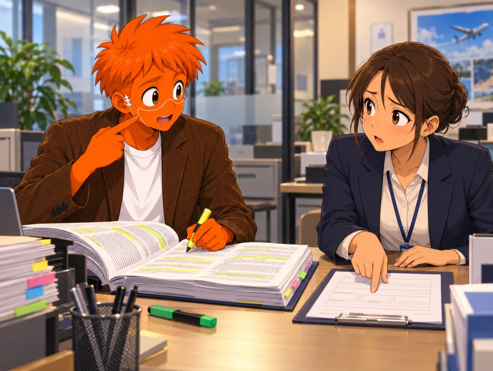 Frank and Tina discuss paperwork and highlighters with an insurance agent.