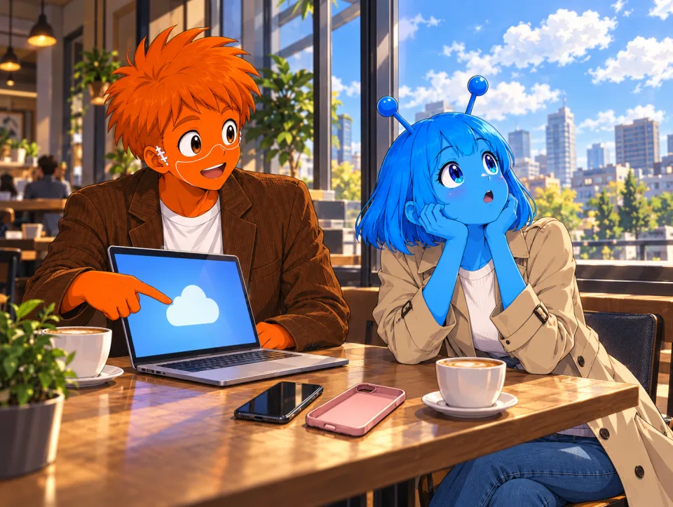 Frank sits by a laptop showing a cloud symbol as Tina looks up at the sky.