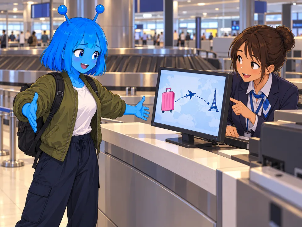 Frank and Tina stand at a luggage counter with a pink suitcase and a display showing Paris.