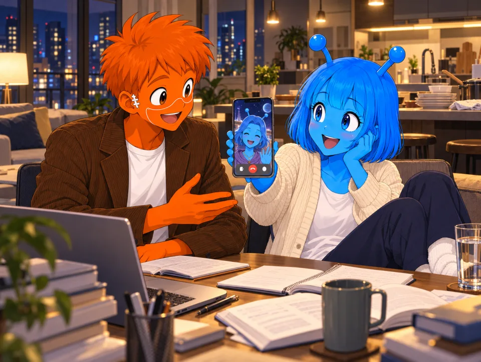 Tina and Frank talk to her mother on a phone at a table covered with study materials.