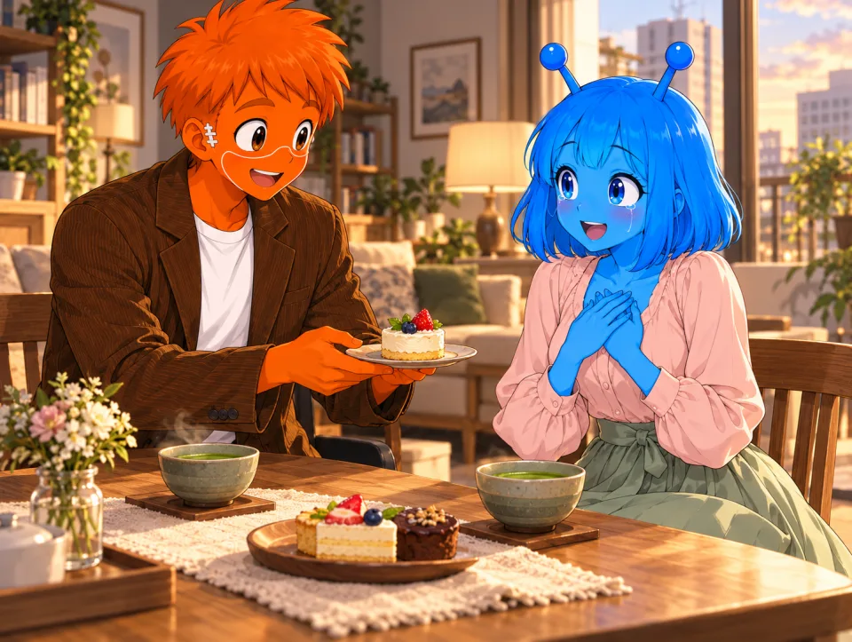 Frank offers Tina matcha tea and cake in his home.