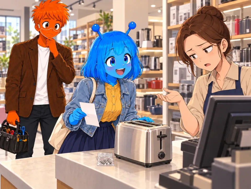 At a shop counter, Tina holds out a receipt beside a toaster and a bag of screws while Frank holds a toolbox.