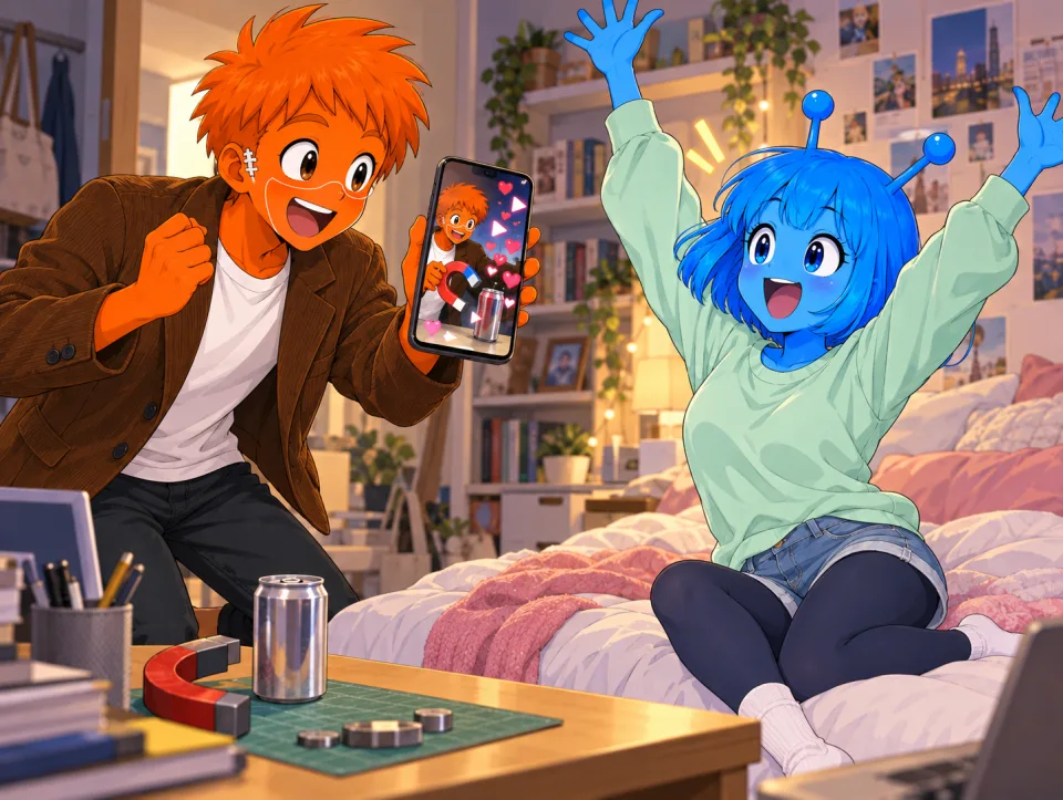 Frank holds up a phone showing a magnet video and reactions as Tina celebrates.