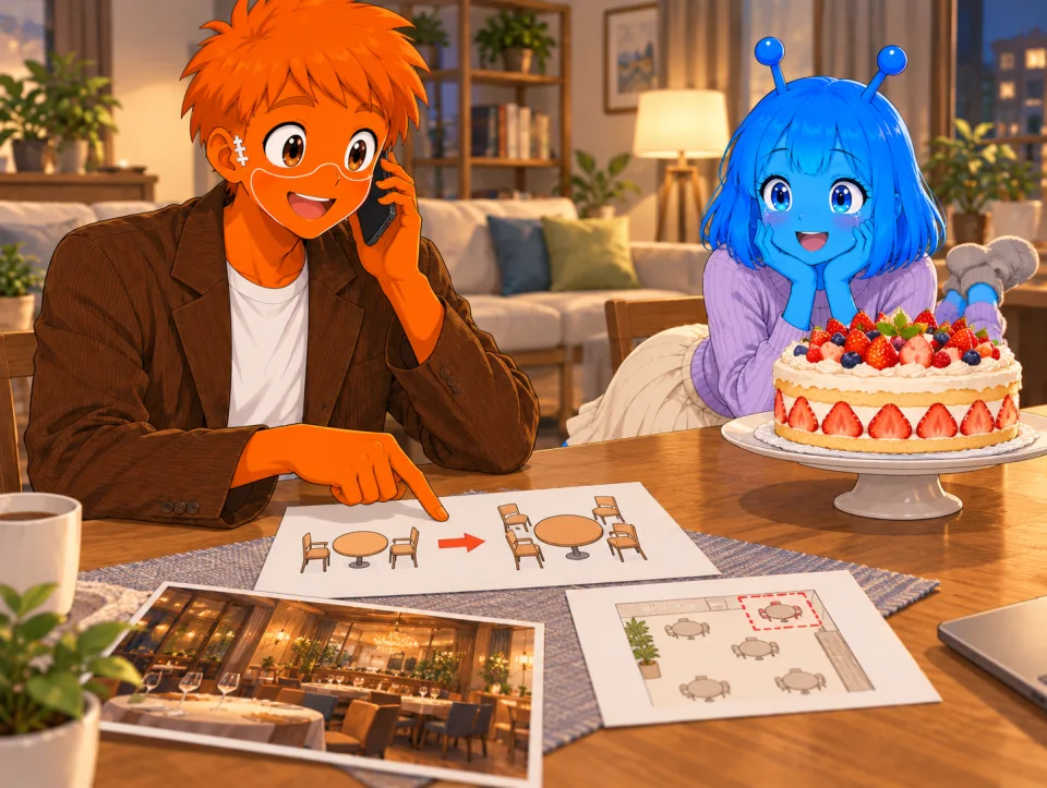 Frank points to a seating plan while on the phone, as Tina gazes at a cake.