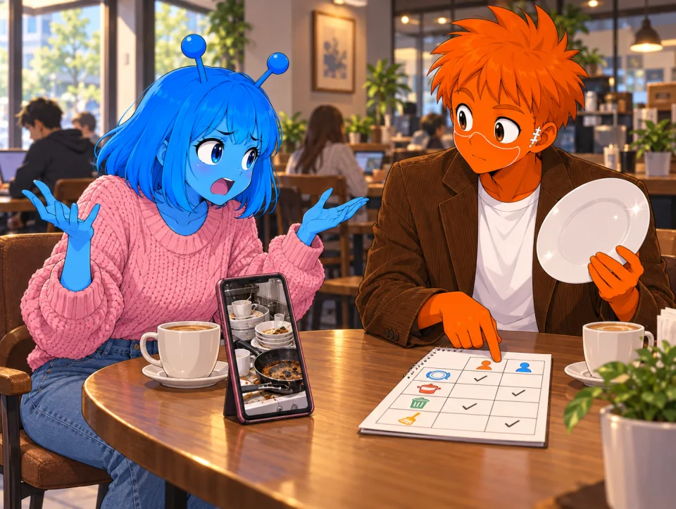 Tina talks to Frank as he holds a plate and chore chart at a cafe.