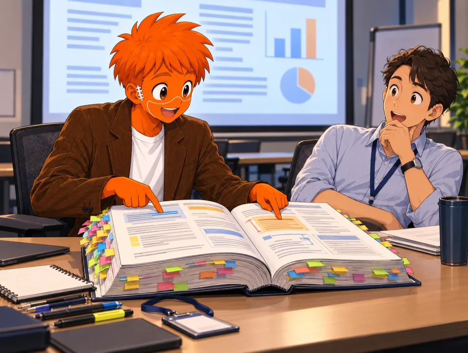 Frank discusses a heavily marked handbook with a trainer, with Tina beside him.