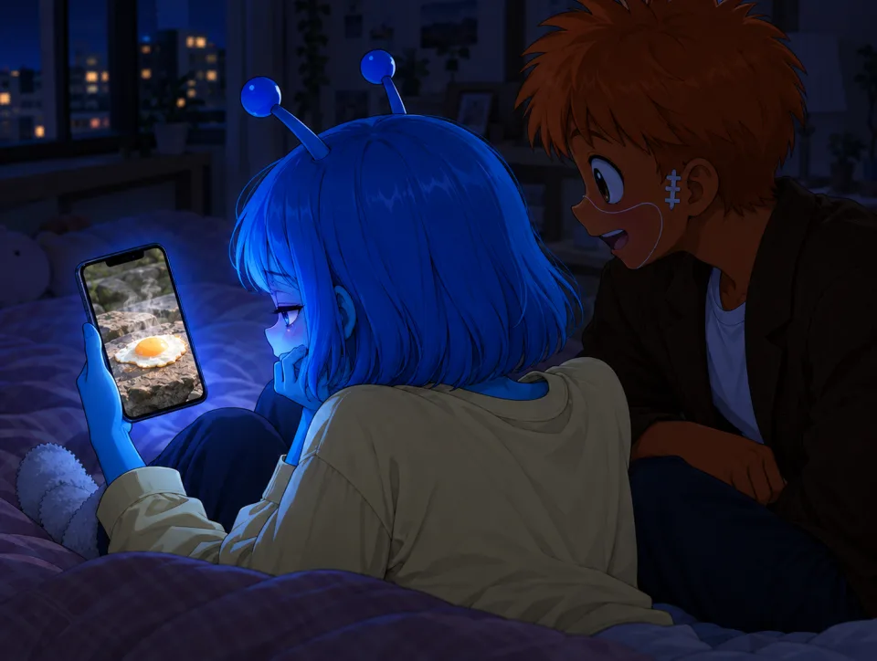 In a dark room at night, Tina watches a video of an egg cooking on a rock as Frank leans in.