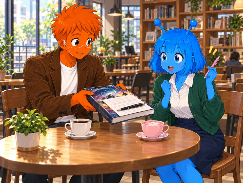 Frank offers a book and paperwork while Tina holds a pink pen at a cafe.