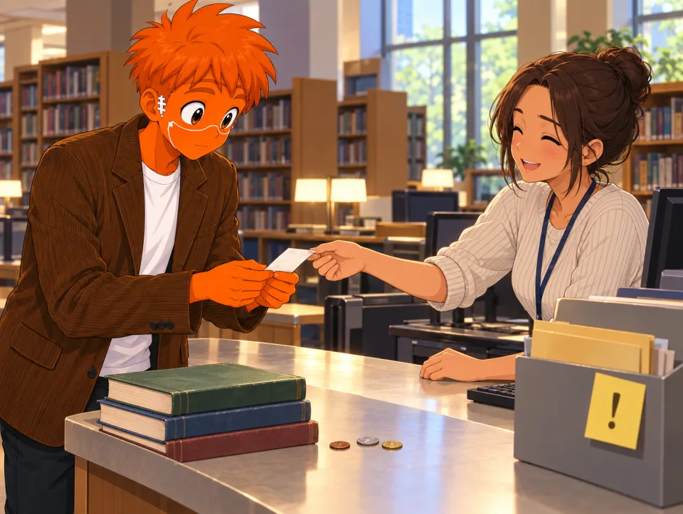 Frank receives a receipt from a librarian while Tina stands beside him.