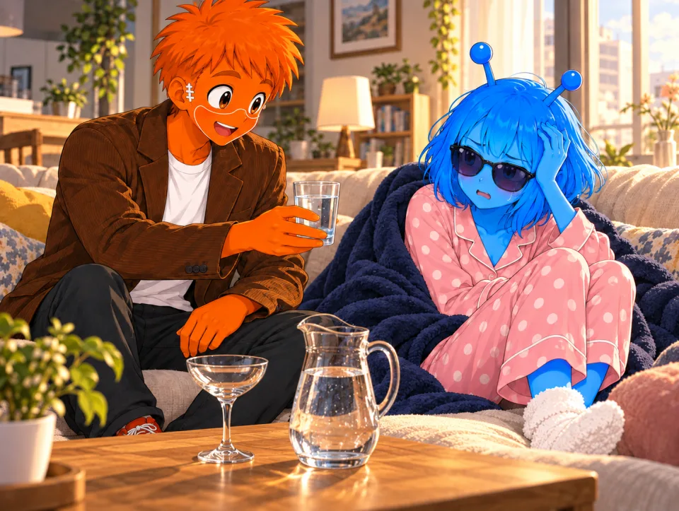 Frank offers a glass of water to Tina, who is wrapped in a blanket on the sofa, wearing sunglasses and holding her head.