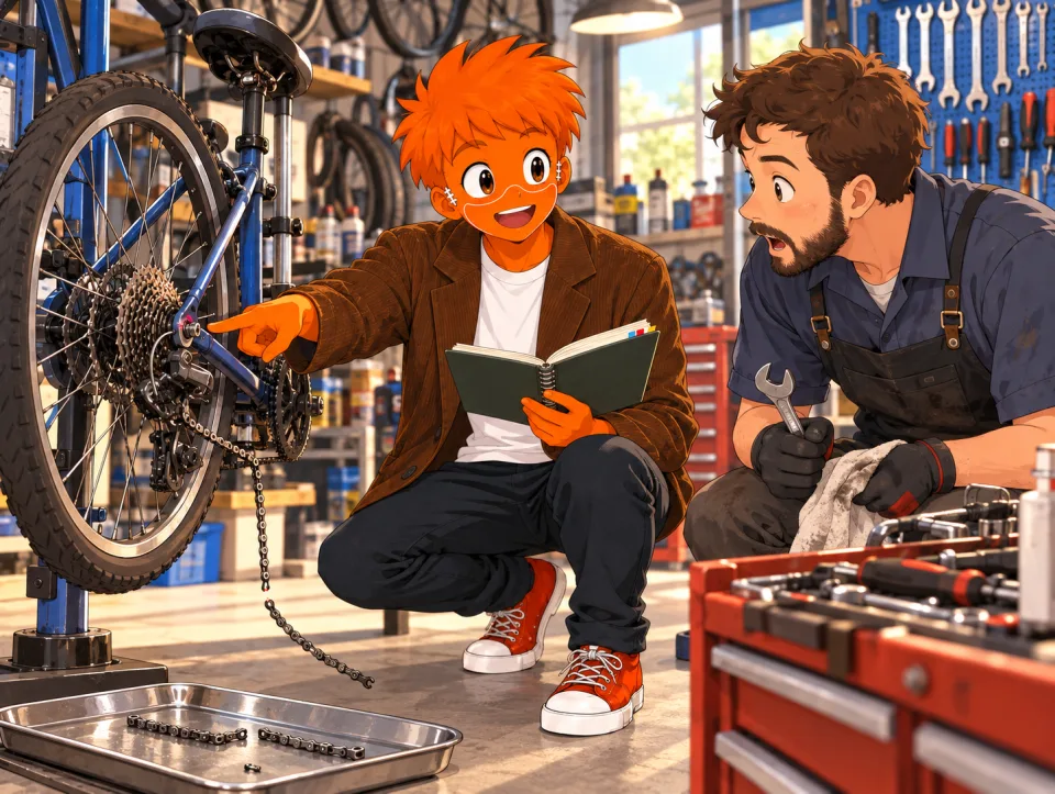In a bicycle shop, Frank holds his log and points near the back wheel as a mechanic looks on.