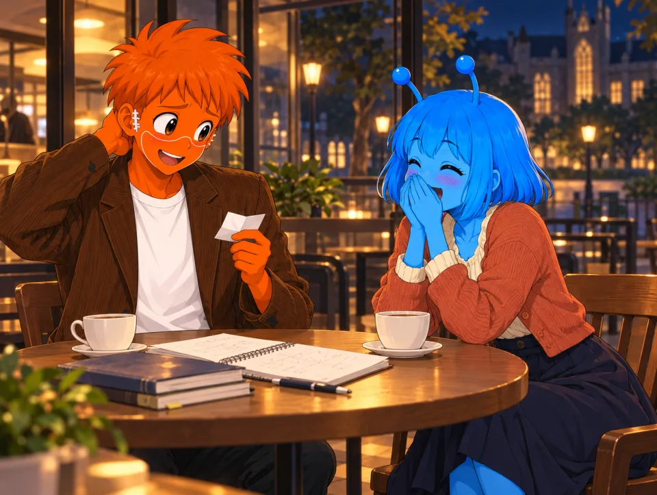 Frank talks awkwardly with Tina over a notebook at a cafe.