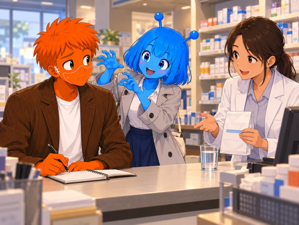 Tina gestures as Frank talks with a pharmacist at a pharmacy counter.