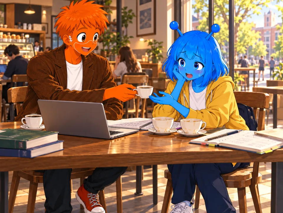 At a cafe table with a laptop and coffee cups, Frank offers a cup to Tina, who rests her cheek on her hand.