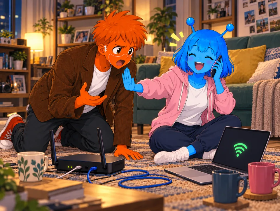 Tina celebrates beside a router and laptop while Frank talks on the phone.