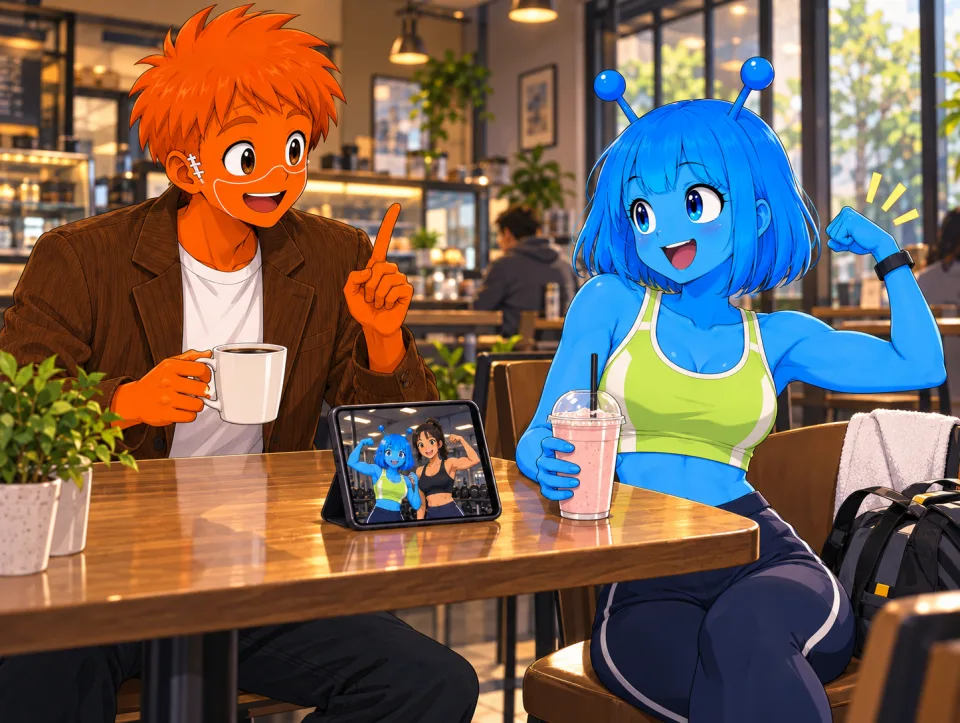 Tina flexes her arm in workout clothes while talking with Frank at a cafe.