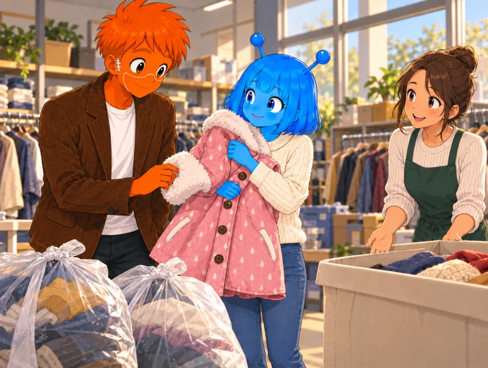 Tina holds a pink coat beside Frank at a clothing donation counter.