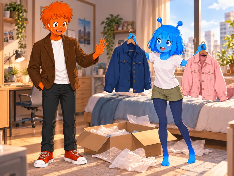 In front of an open box, Tina holds up blue and pink jackets as Frank raises his hand.