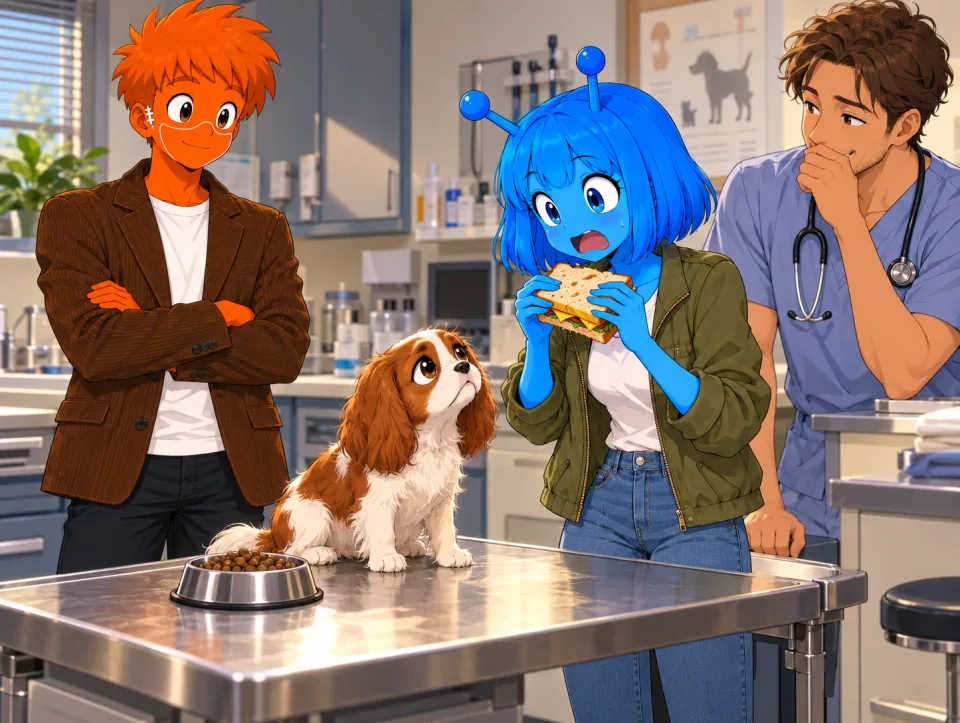 Tina and Frank talk to a vet beside a dog on an examination table.
