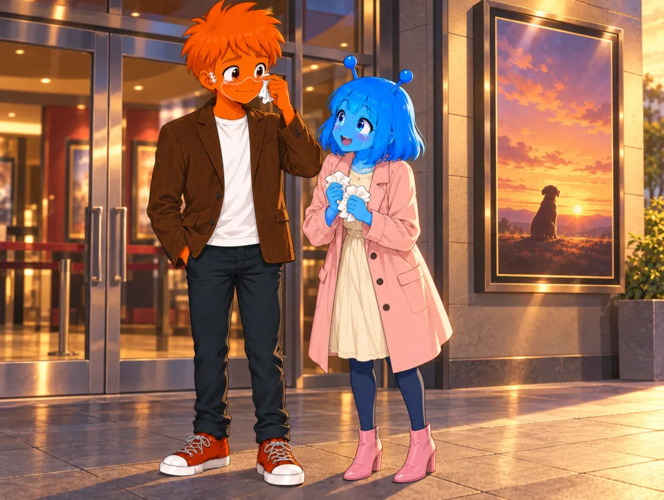 Outside a cinema in the evening, Frank wipes his eye with a handkerchief as Tina holds tissues.