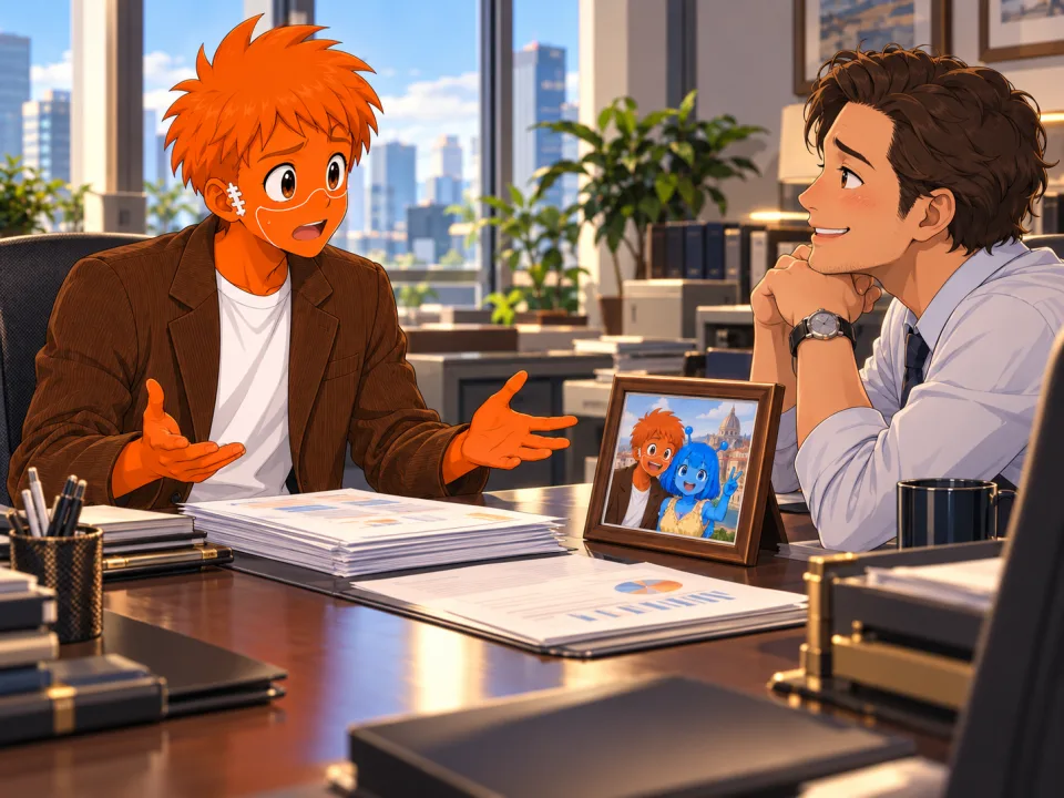 Frank discusses paperwork with his boss while Tina stands beside him.