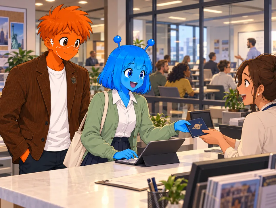 Tina and Frank talk with a receptionist over a tablet at a school.