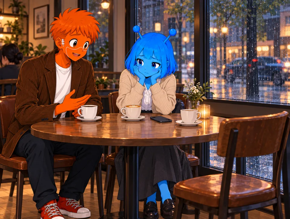 Tina and Frank talk beside a phone at a cafe overlooking the rain.