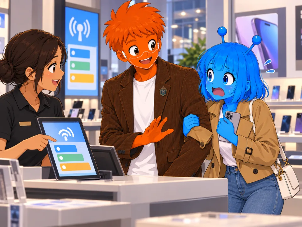 Frank consults a phone shop assistant while Tina stands beside him.