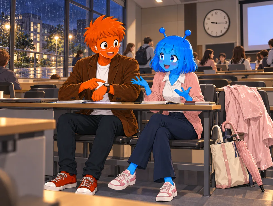 In a classroom on a rainy night, Frank points to his watch as Tina gestures while explaining why she was late.