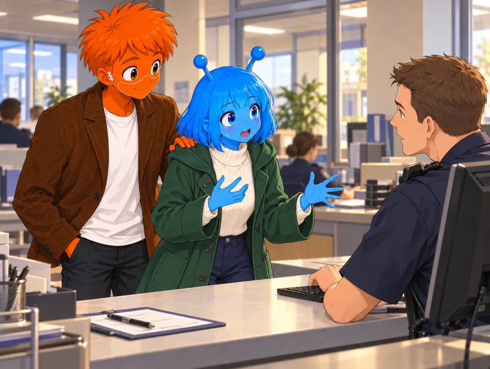 At a police station desk, Tina speaks to an officer as Frank rests a hand on her shoulder.
