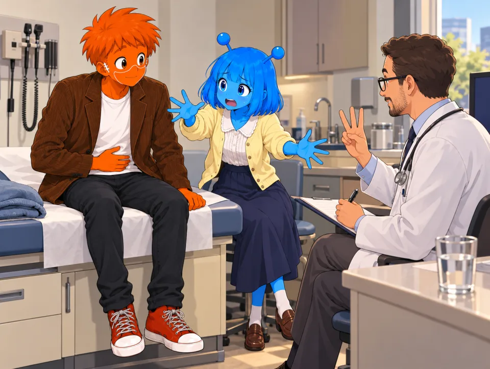 Frank holds his stomach while Tina talks to a doctor in an examination room.