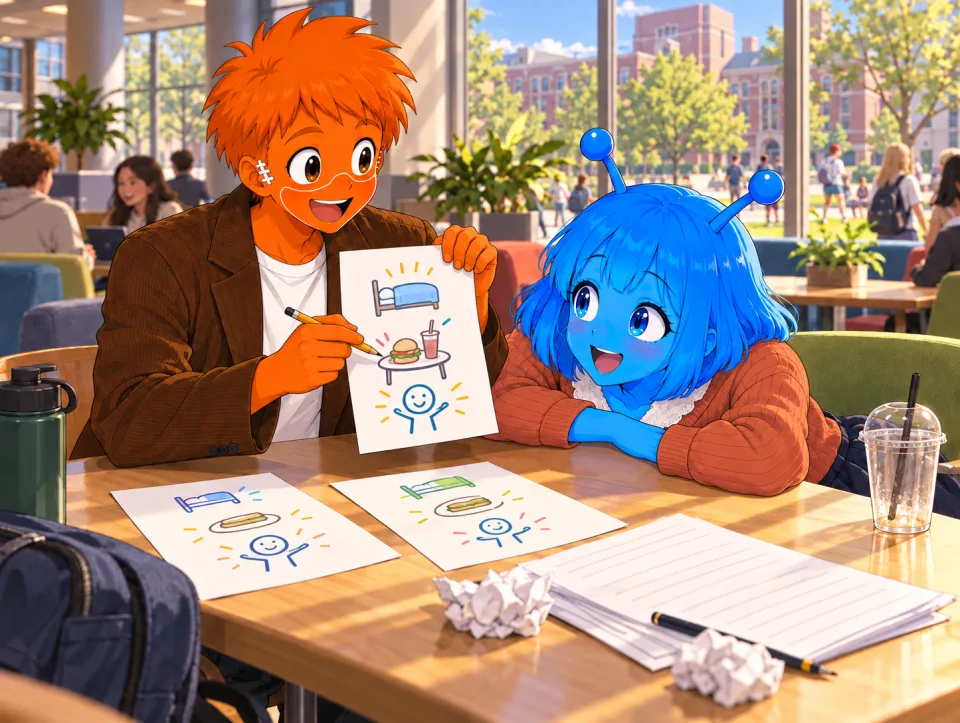 In a campus cafeteria, Frank shows drawings of a break plan as Tina happily rests her chin on her hand.