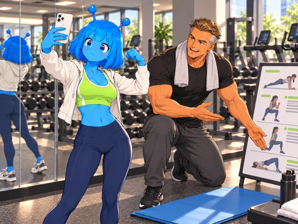 Tina and Frank discuss fitness goals with a trainer in a gym.