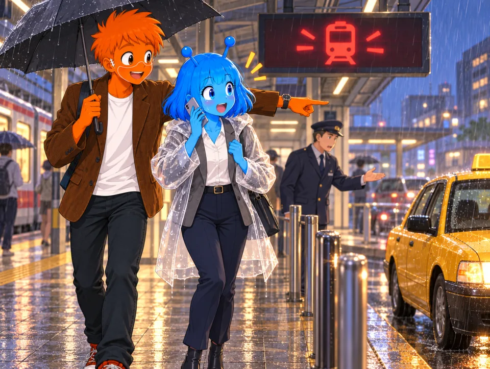 At a rainy station, Frank holds an umbrella and points toward a taxi as Tina walks beside him on the phone.