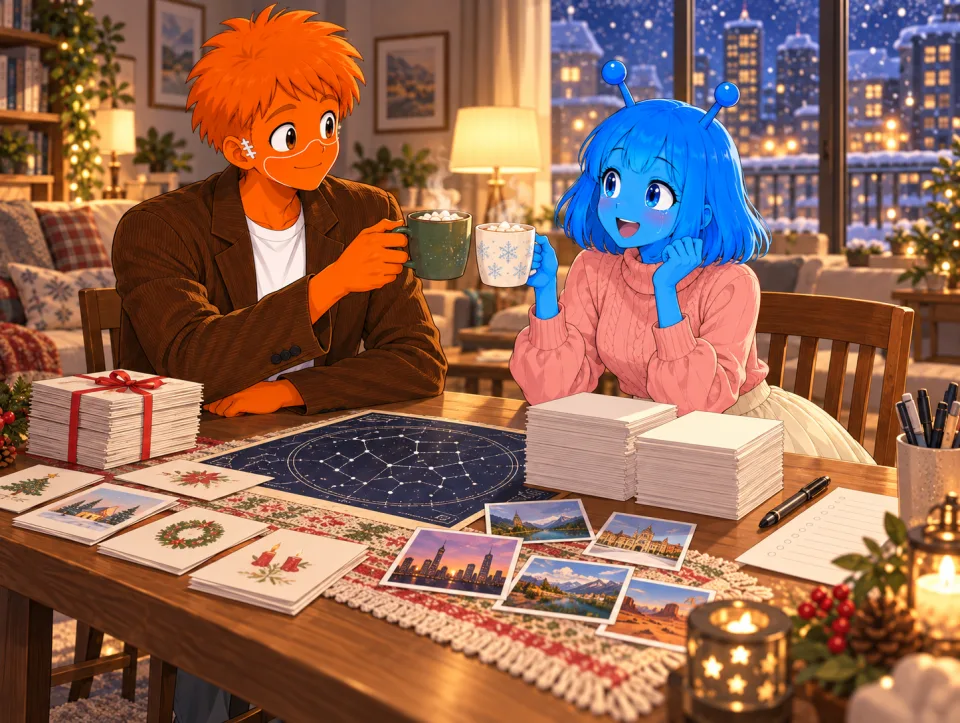 On a snowy night, Frank and Tina raise their cups at a table with stacks of cards and a star map.