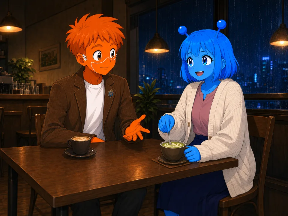 夜のカフェで話すフランクとティナ。