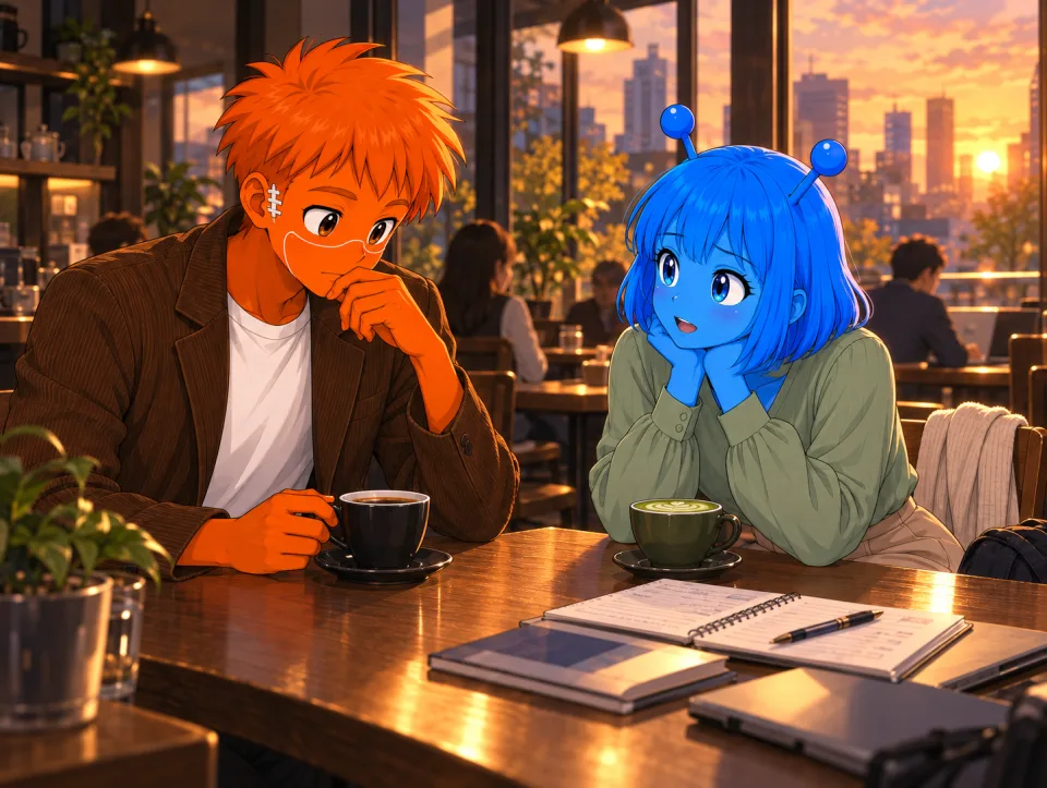 夕方のカフェでノートを前に話す二人。