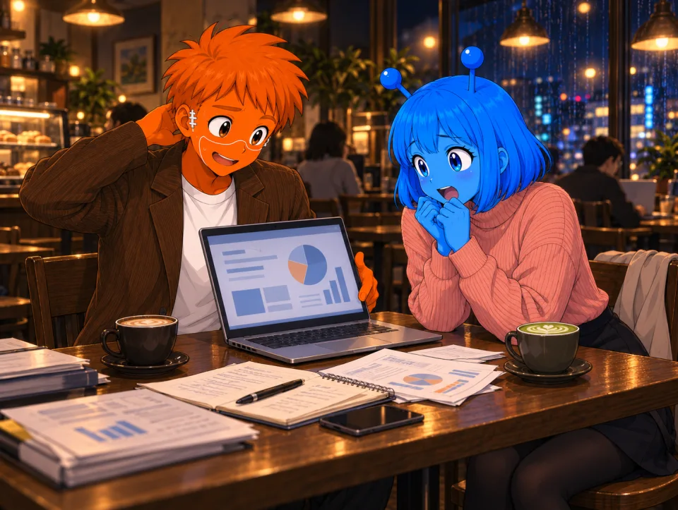 カフェでパソコンと資料を前に話す二人。