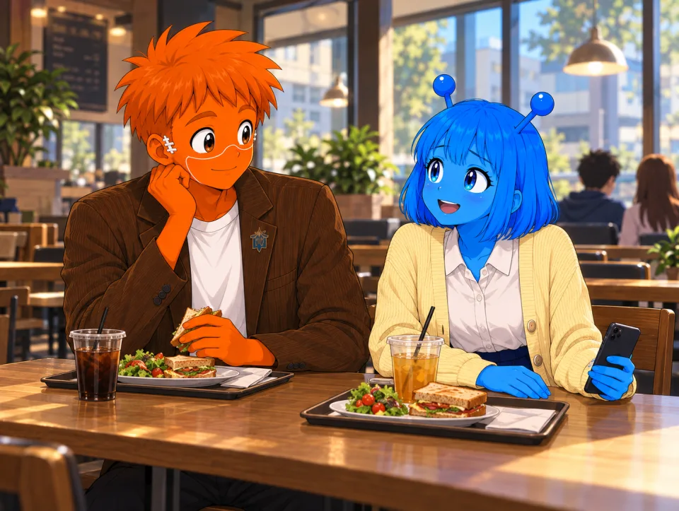 カフェで携帯を前に話すフランクとティナ。