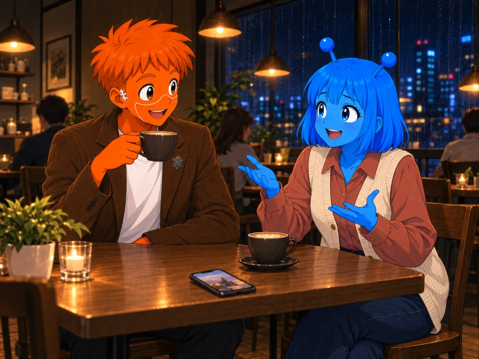 カフェで身ぶりを交えて旅の話をするティナ。
