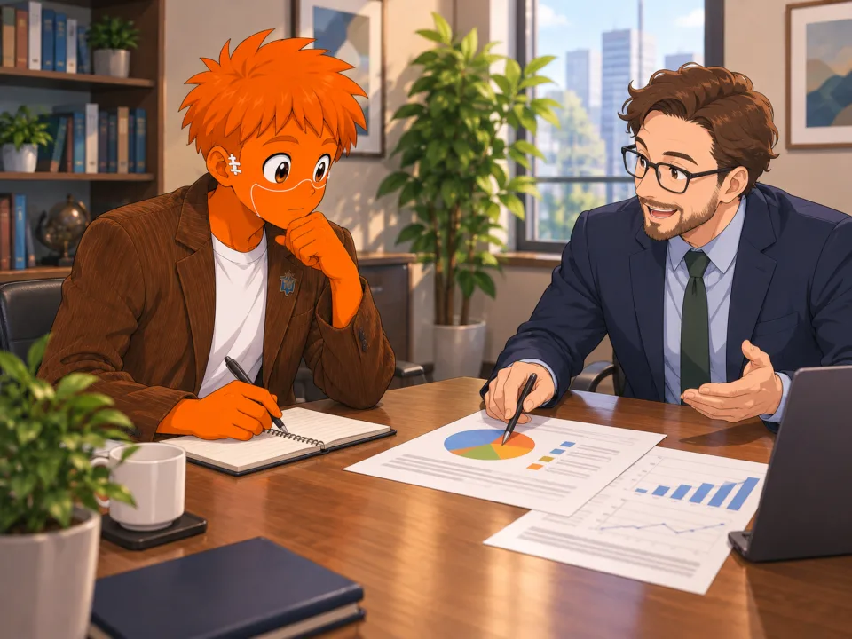 書類を前にアドバイザーと相談するフランク。