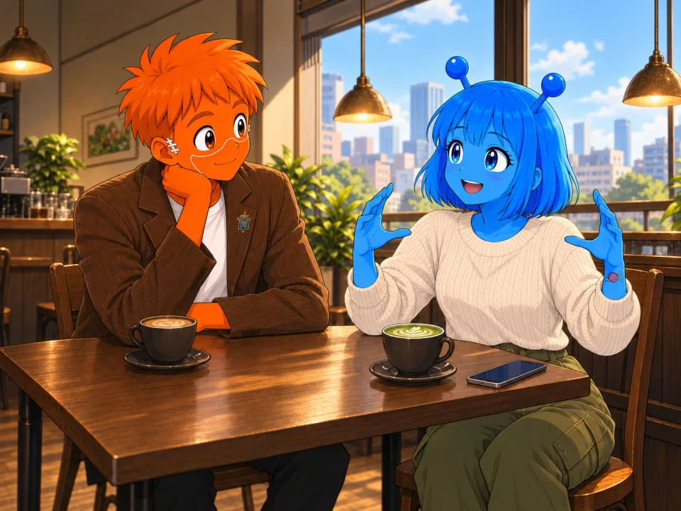 カフェで話すティナと、耳を傾けるフランク。