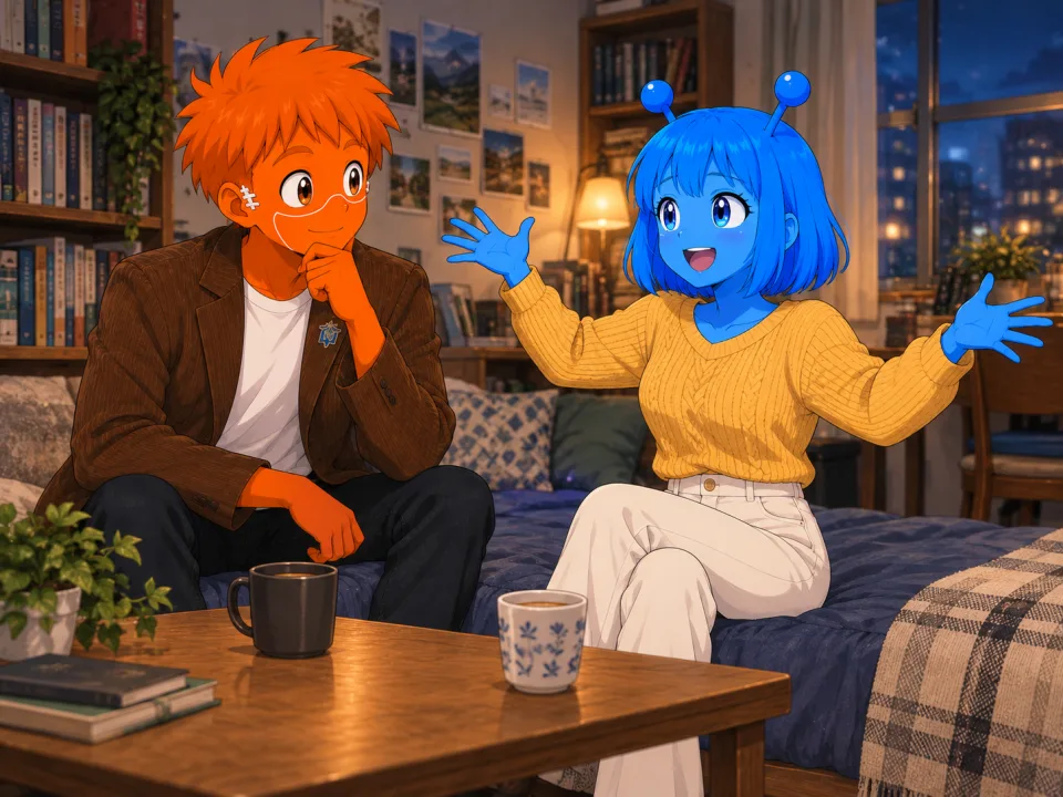 部屋で地球儀を前に話す二人。