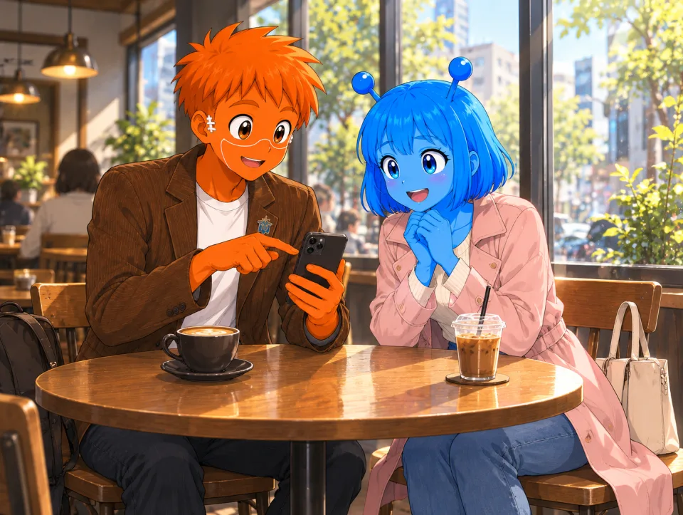 カフェで物件の写真を見る二人。