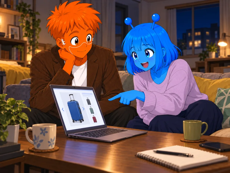 パソコンの買い物画面を見せるティナとフランク。