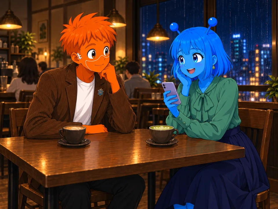 夜のカフェで身ぶりを交えて話すティナ。